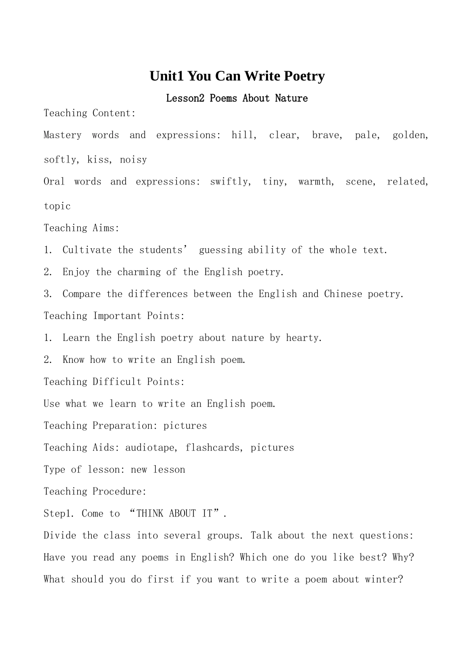 九年级英语下册Unit1 You Can Write Poetry Lesson2 Poems About Nature冀教版_第1页