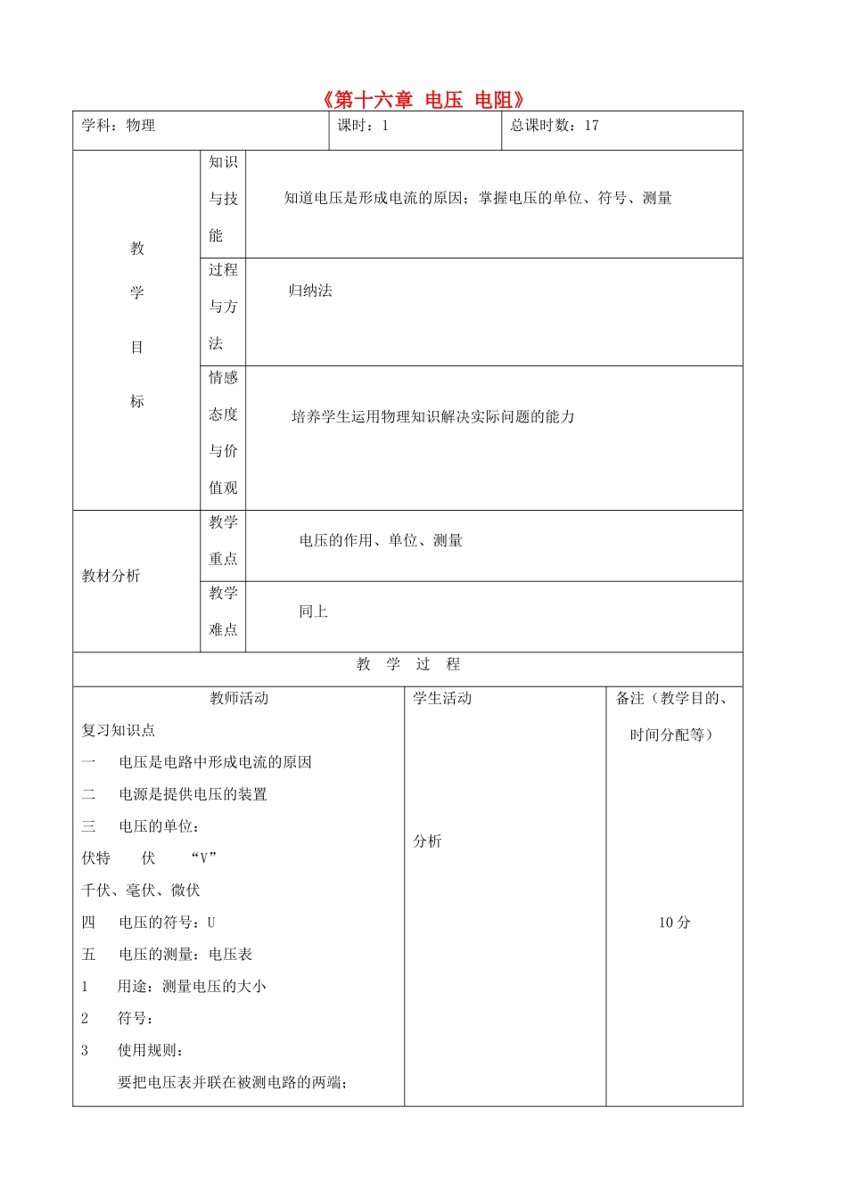 吉林省四平市第十七中学九年级物理全册《第十六章 电压 电阻》习题教案 （新版）新人教版_第1页