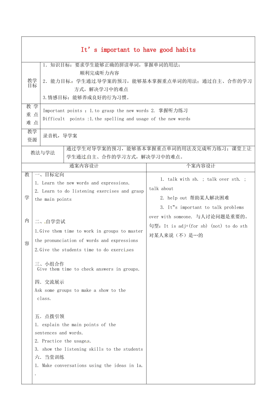 九年级英语全册 Unit 9 It's important to have habits教案1 （新版）鲁教版五四制-鲁教版五四制初中九年级全册英语教案_第1页