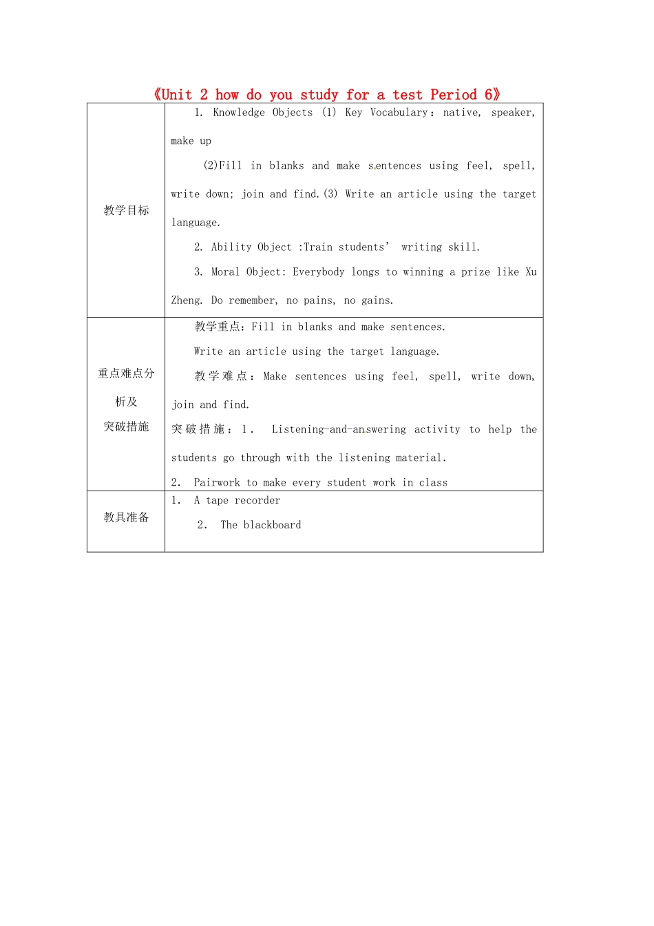 山东省龙口市诸由观镇诸由中学八年级英语下册《Unit 2 how do you study for a test Period 6》教案 鲁教版五四制_第1页