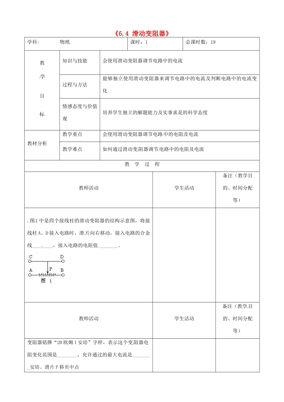吉林省四平市第十七中学八年级物理下册《6.4 滑动变阻器》习题教案 新人教版_第1页