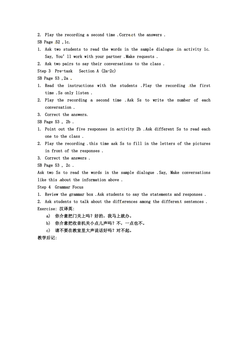 云南省丽江市永北镇中学八年级英语下册《Unit 7 would you mind turning down the music Period 1》教案 人教新目标版_第2页