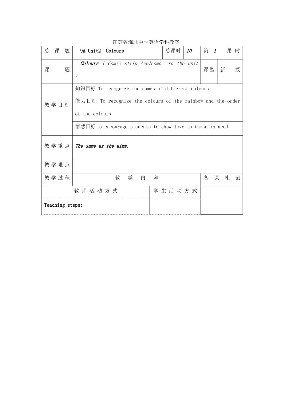江苏省淮北中学九年级英语上册 Unit 2Colours教案 牛津译林版_第1页