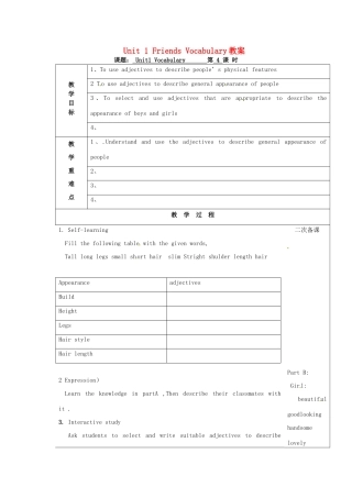 江苏省灌云县陡沟中学八年级英语上册 Unit 1 Friends Vocabulary教案 牛津版 