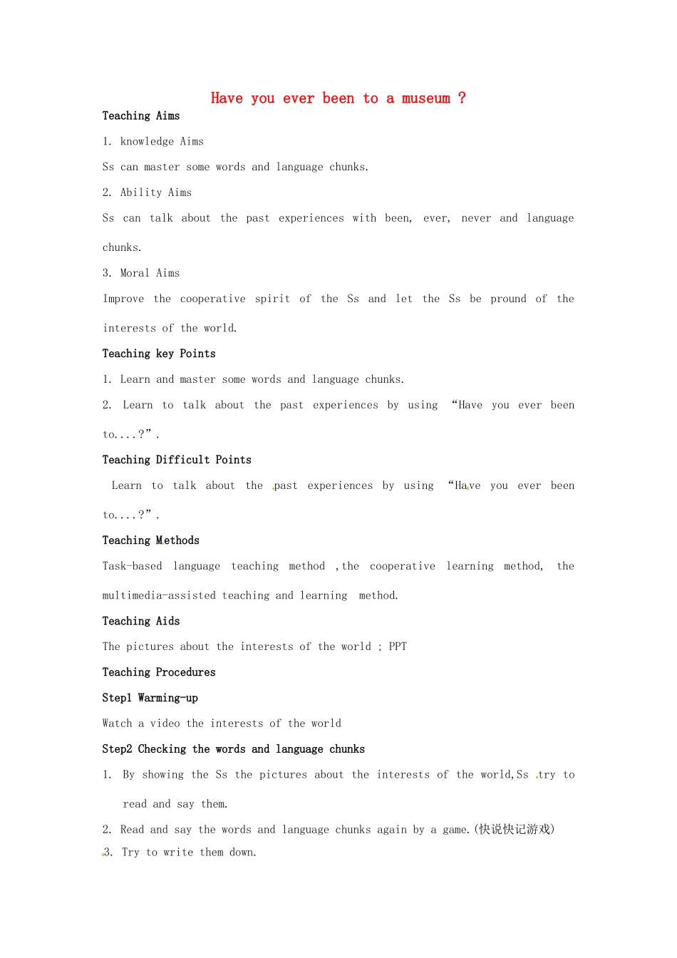 山东省郯城县新村乡中学八年级英语下册 Unit 9 Have you ever been to a museum Section A（1a-2d）教案 （新版）人教新目标板_第1页