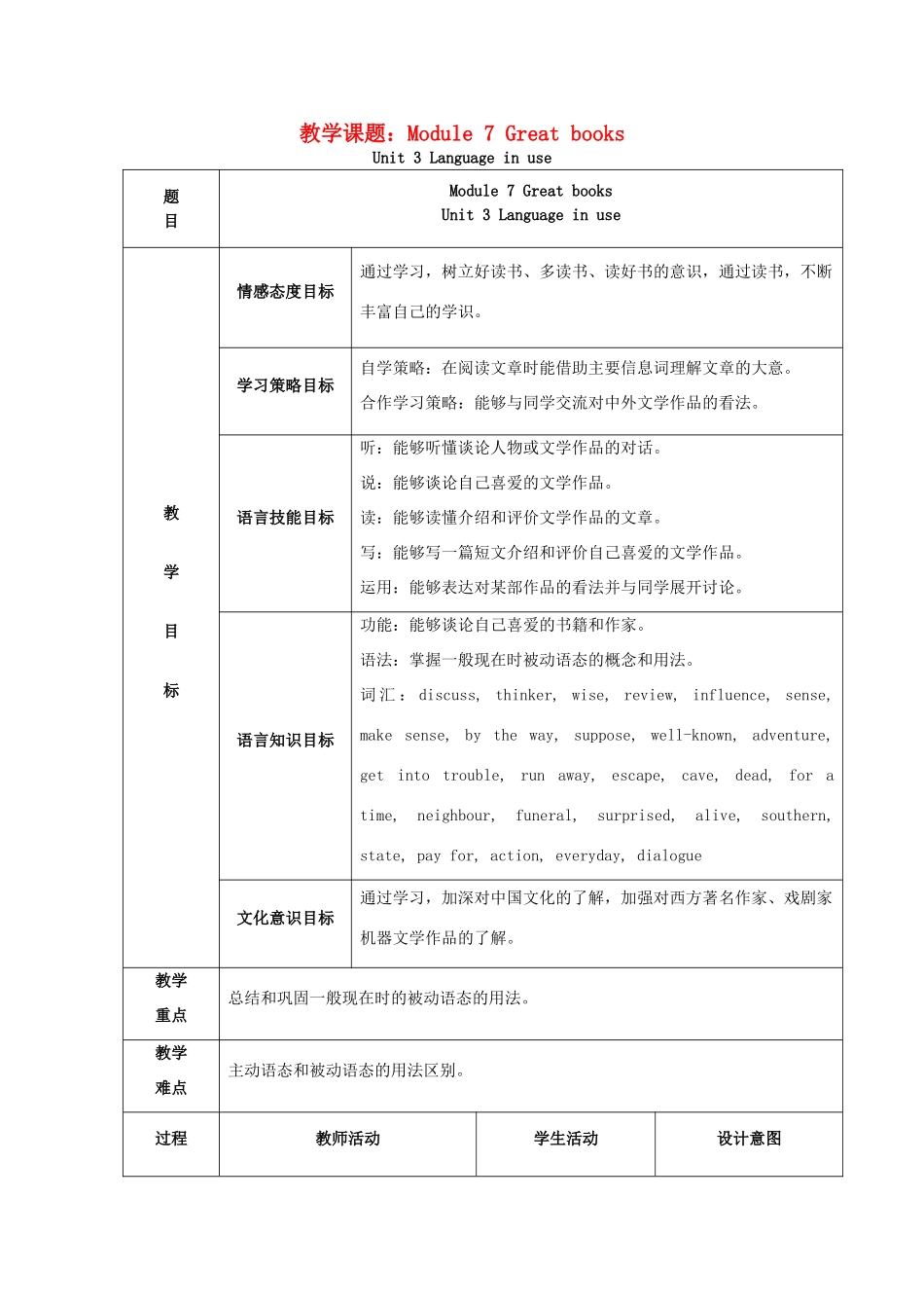 学年九年级英语上册 Module 7 Great books Unit 3 Language in use教案 （新版）外研版-（新版）外研版初中九年级上册英语教案_第1页