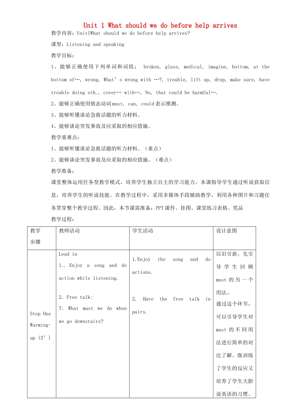 八年级英语上册 Module 12 Unit 1 What should we do before help arrives教案 （新版）外研版-（新版）外研版初中八年级上册英语教案_第1页