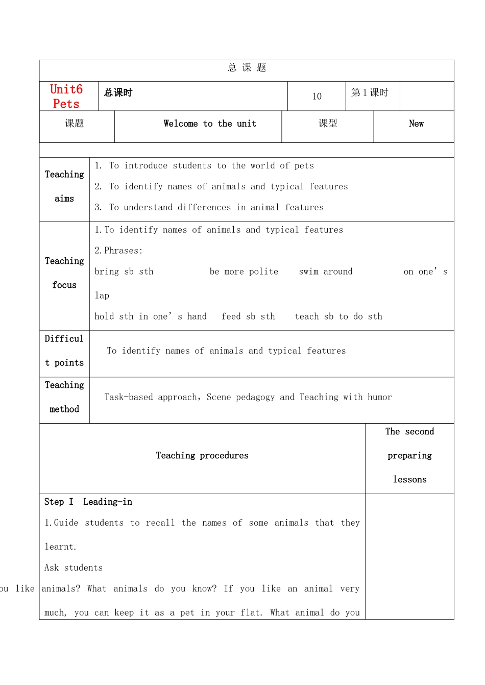 七年级英语下册 Unit6 Pets教案 牛津版_第1页