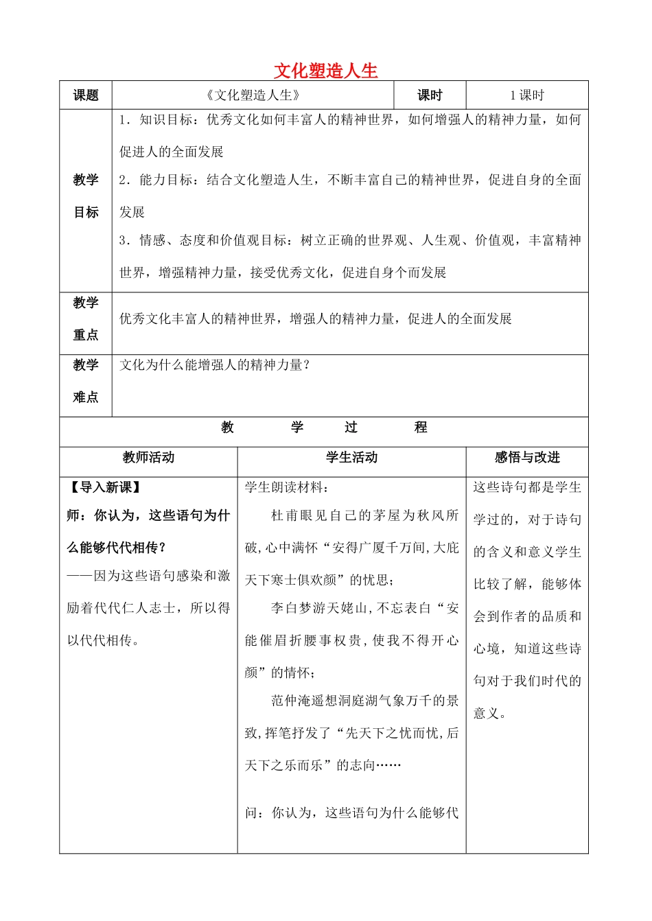 四川省宜宾市一中高二政治《文化塑造人生》教学设计-人教版高二全册政治教案_第1页