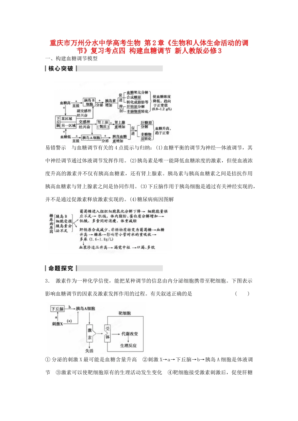 重庆市万州分水中学高考生物 第2章《生物和人体生命活动的调节》复习考点四 构建血糖调节 新人教版必修3_第1页