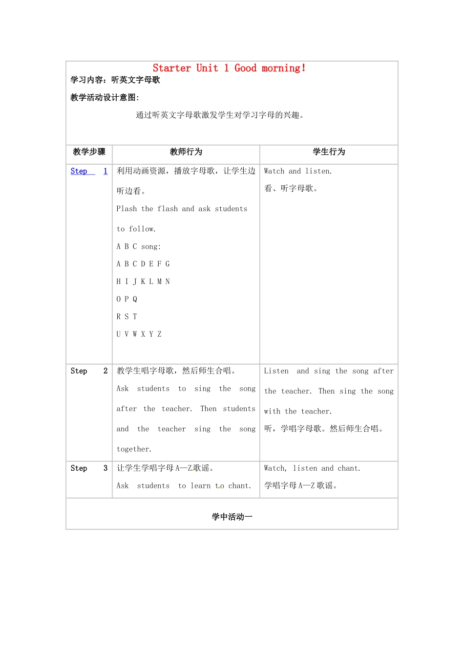 新疆生产建设兵团第五师八十六团第一中学七年级英语上册 Starter Unit 1 Good morning！Section A教学设计 （新版）人教新目标版_第1页