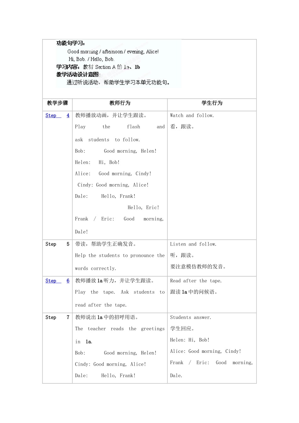 新疆生产建设兵团第五师八十六团第一中学七年级英语上册 Starter Unit 1 Good morning！Section A教学设计 （新版）人教新目标版_第2页