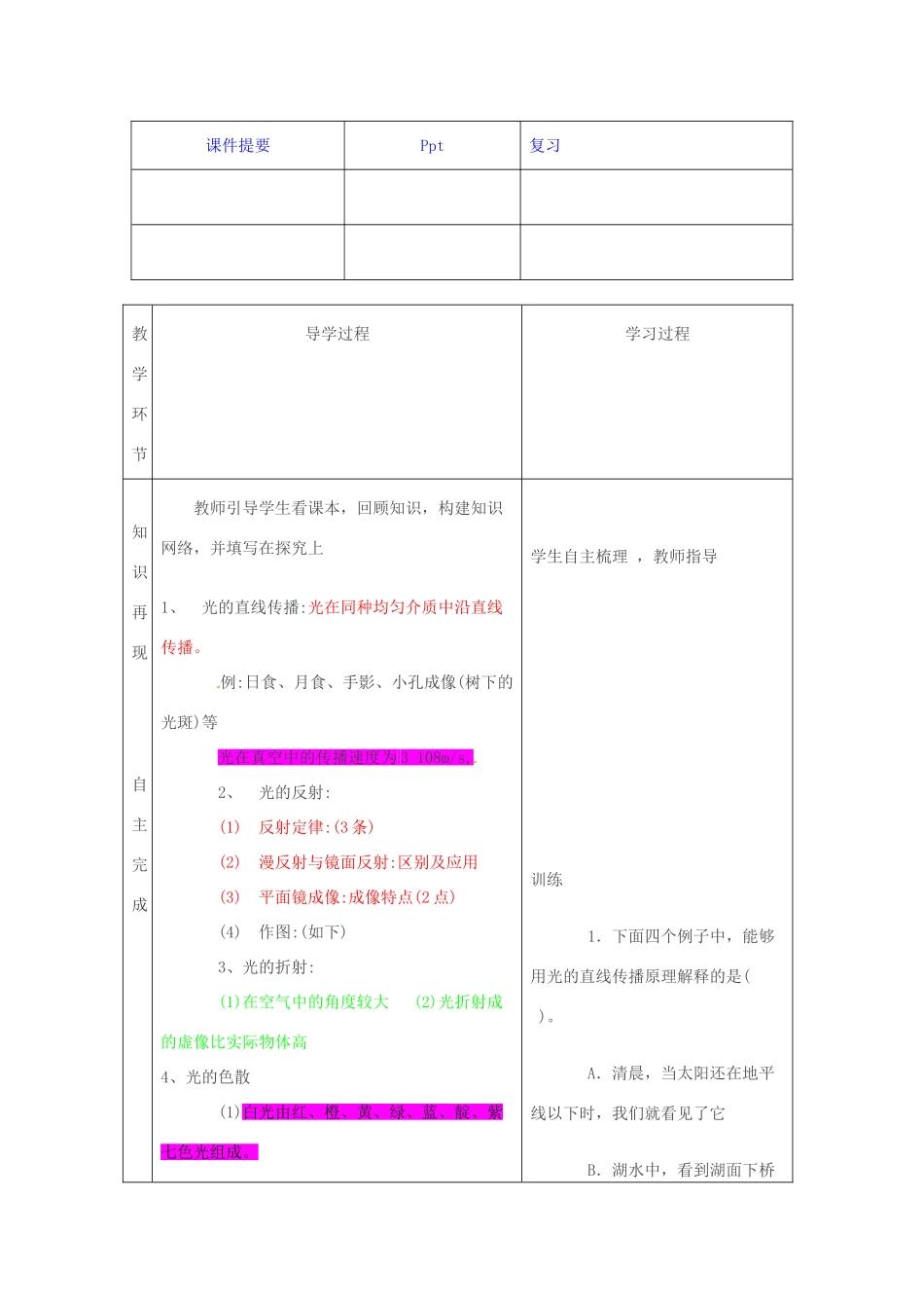 山东省临沂市费城镇初级中学八年级物理全册《第四章 多彩的光》复习教案 沪科版_第2页