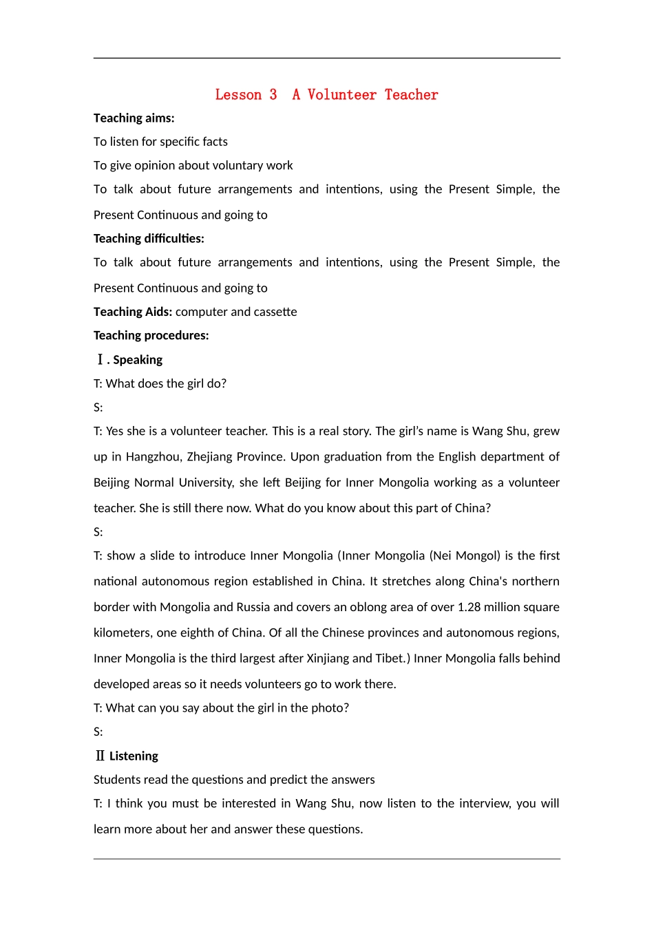 高中英语：unit1 lesson3 a volunteer teacher教案（北师大版必修1）_第1页