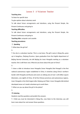 高中英语：unit1 lesson3 a volunteer teacher教案（北师大版必修1）