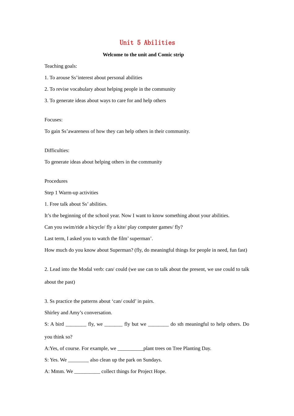 七年级英语下册：Unit 5 Abilities Welcome to the unit and Comic strip教案（译林牛津版）_第1页