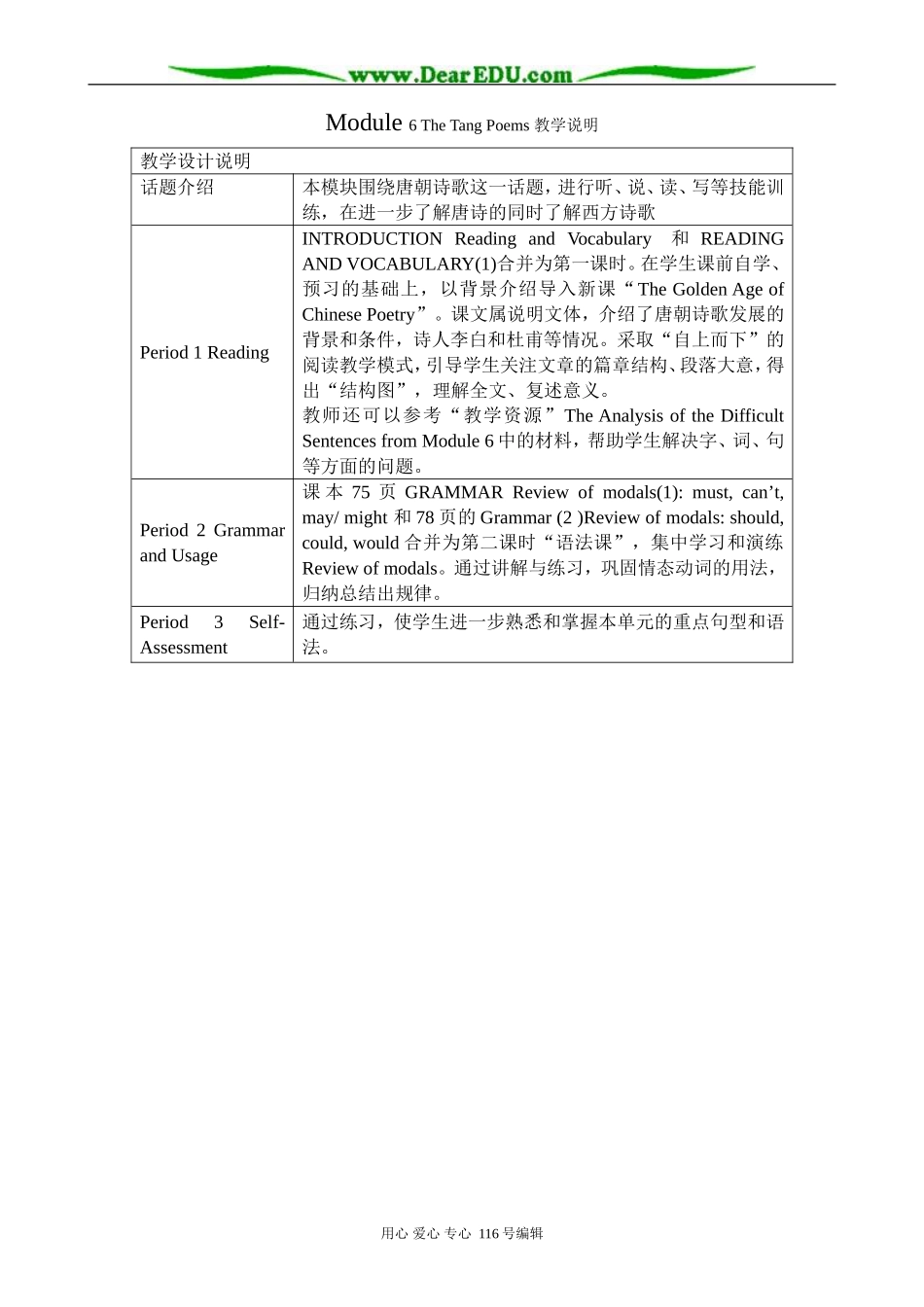 高中英语必修8Module 6 The Tang Poems 教学说明_第1页