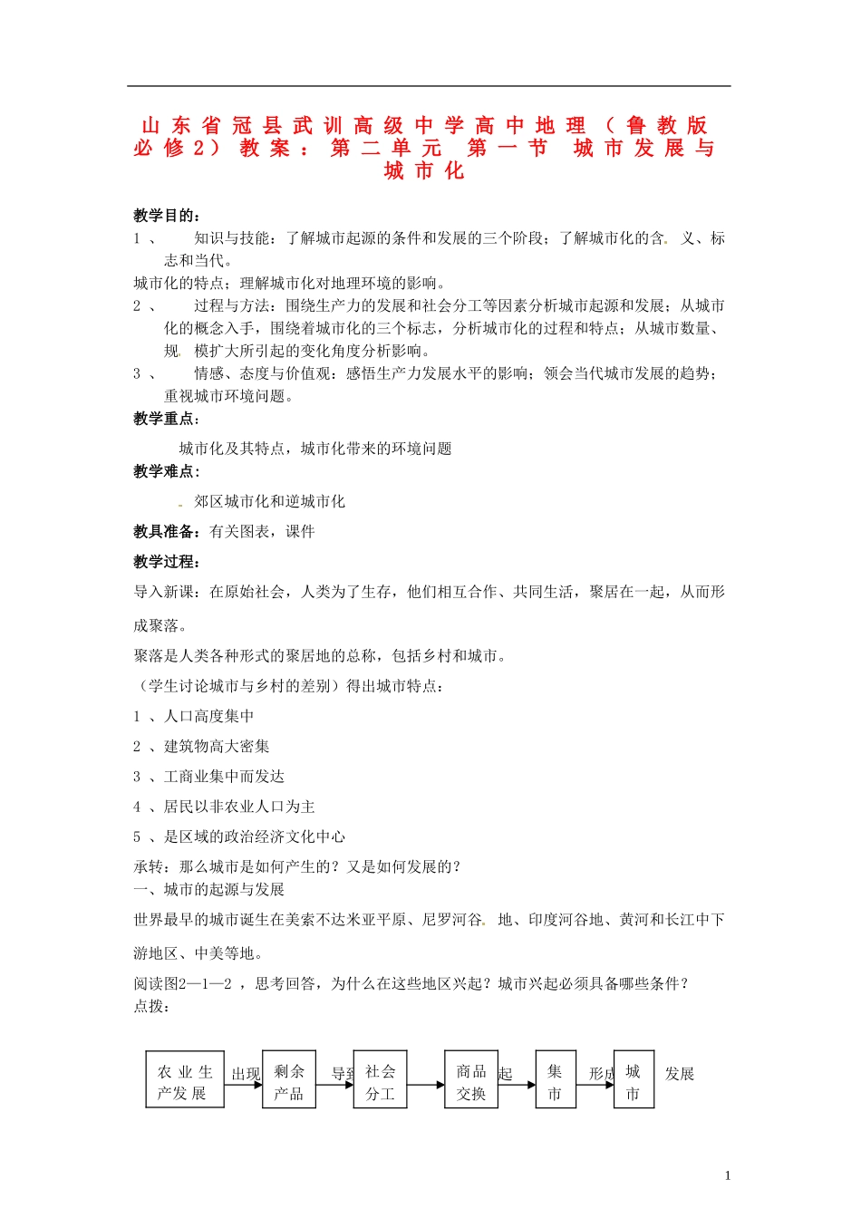 山东省冠县武训高级中学高中地理 第二单元 第一节 城市发展与城市化教案 鲁教版必修2_第1页