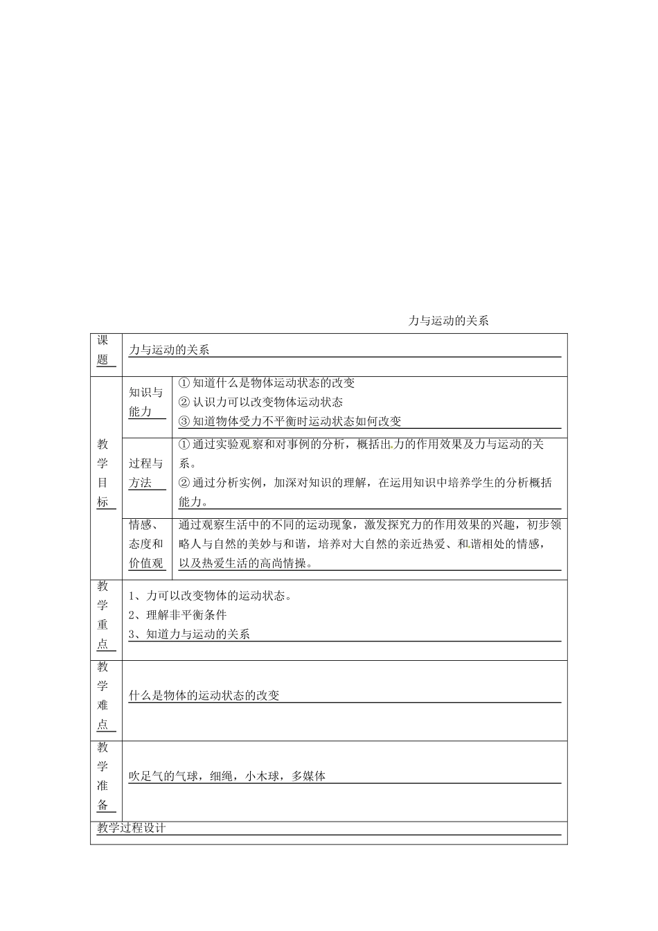 八年级物理下册 9.3力与运动的关系教案 （新版）苏科版-（新版）苏科版初中八年级下册物理教案_第1页