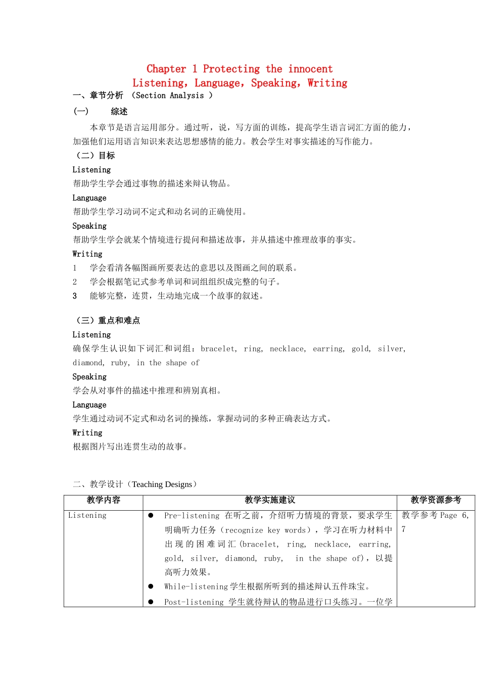 九年级英语上册 Chapter 1 Protecting the innocent Listening，Language，Speaking，Writing教案 牛津沈阳版-牛津沈阳版初中九年级上册英语教案_第1页