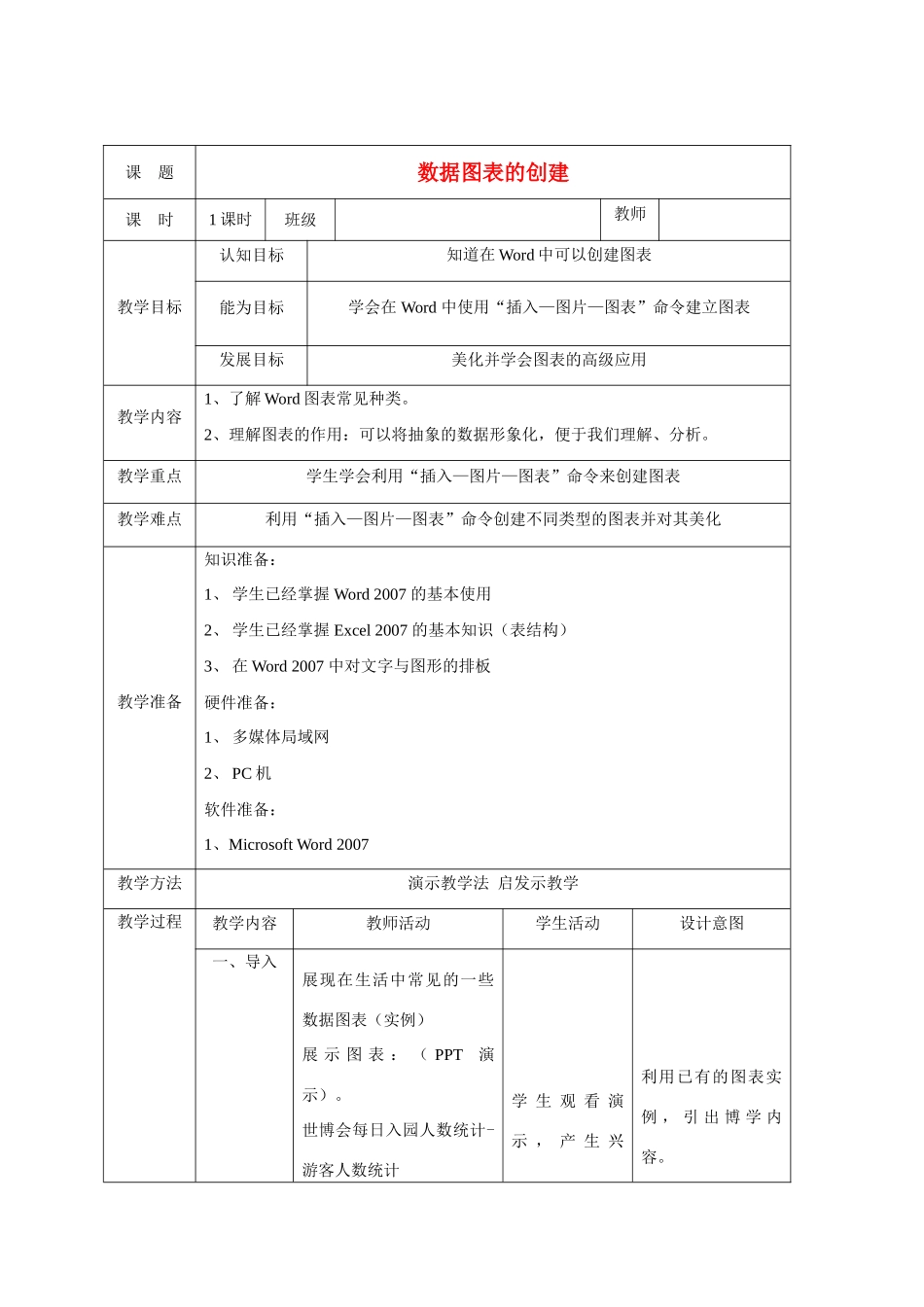 七年级信息技术上学期 word数据图表教案_第1页