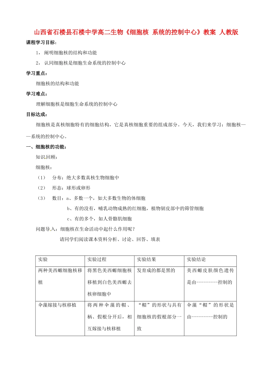 山西省石楼县石楼中学高二生物《细胞核 系统的控制中心》教案 人教版_第1页