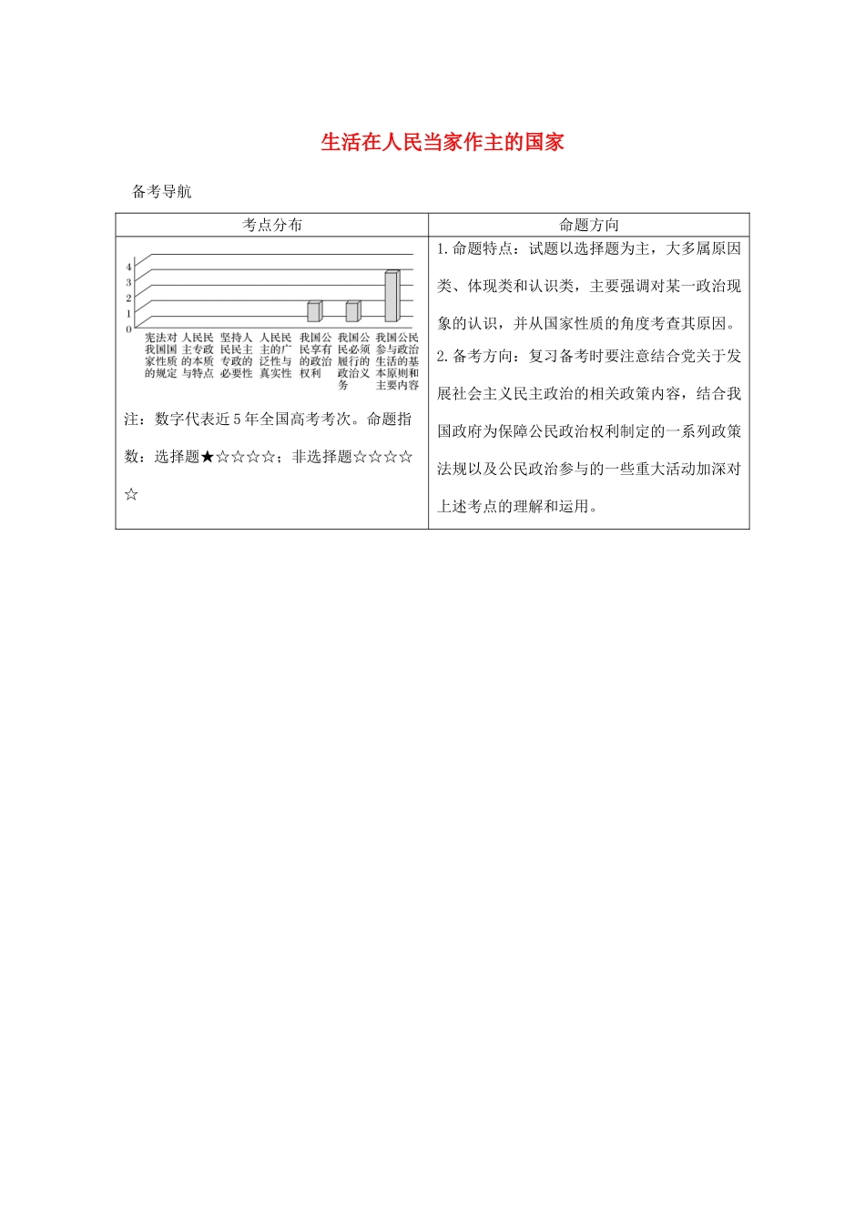 高中政治上学期《生活在人民当家作主的国家》复习教学设计-人教版高中全册政治教案_第1页