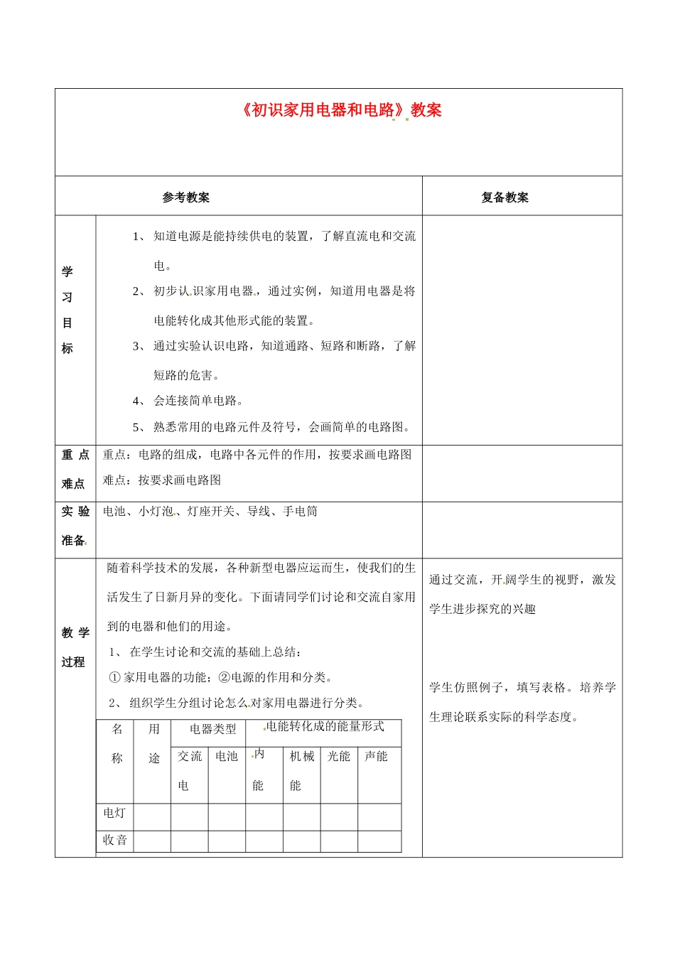 江苏省连云港市九年级物理《初识家用电器和电路》教案_第1页