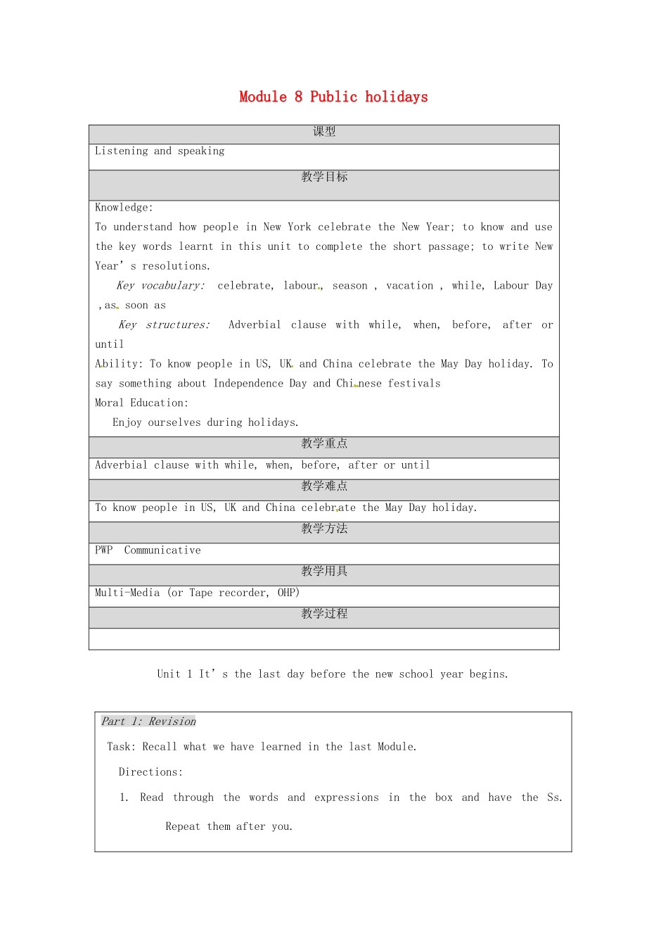 八年级英语下册 Module 8 Public holidays Unit 1 It’s the last day before the new school year begins教学设计 外研版_第1页