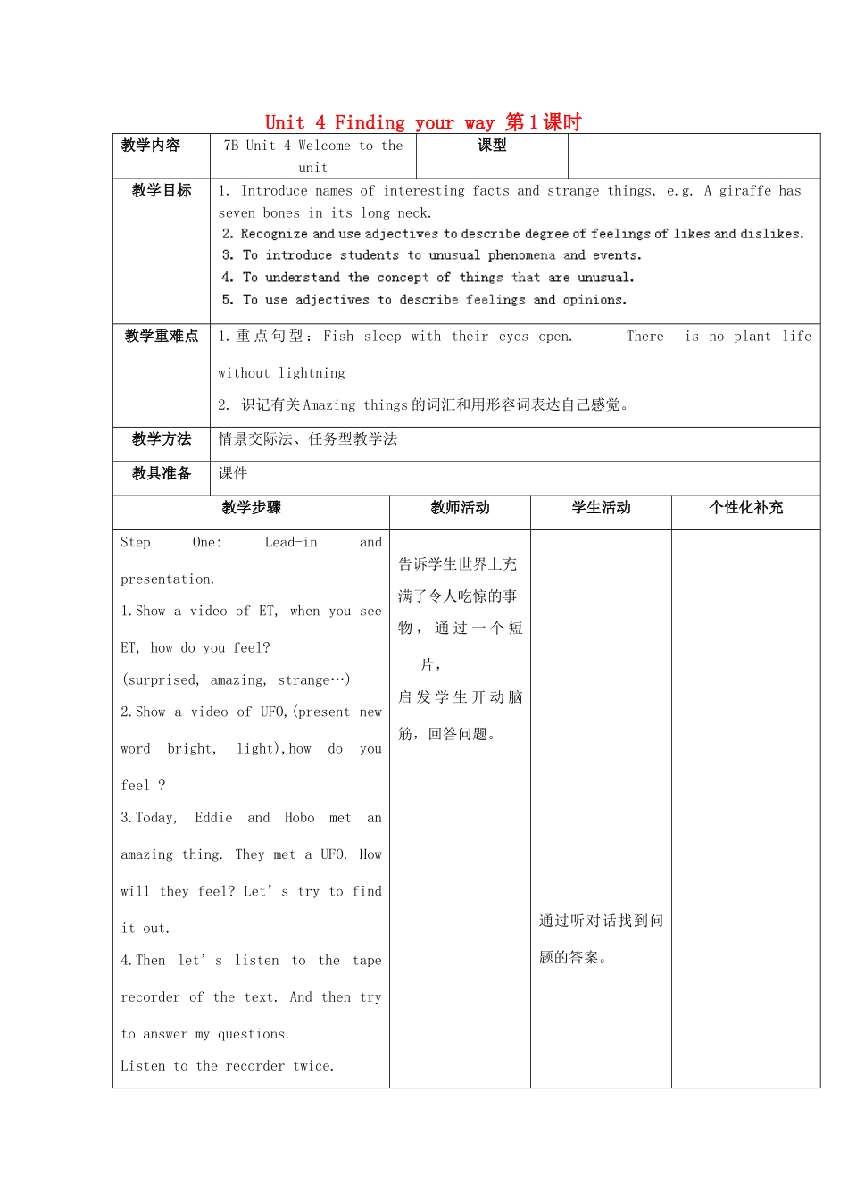 江苏省丹阳市里庄初级中学七年级英语下册 Unit 4 Finding your way 第1课时教案 （新版）牛津版_第1页