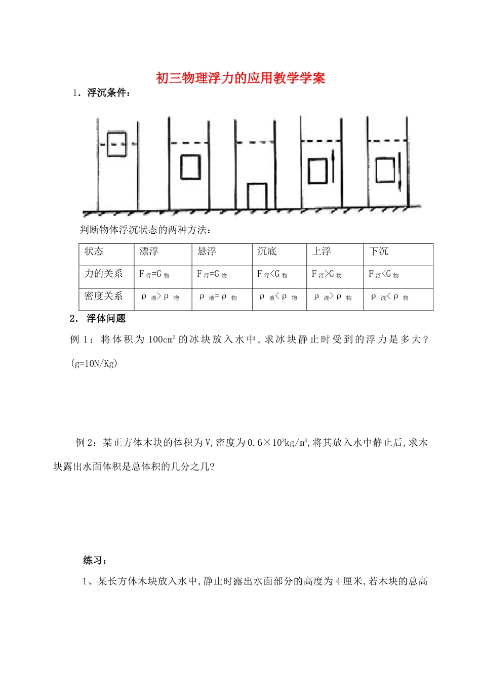 初三物理浮力的应用教学学案_第1页