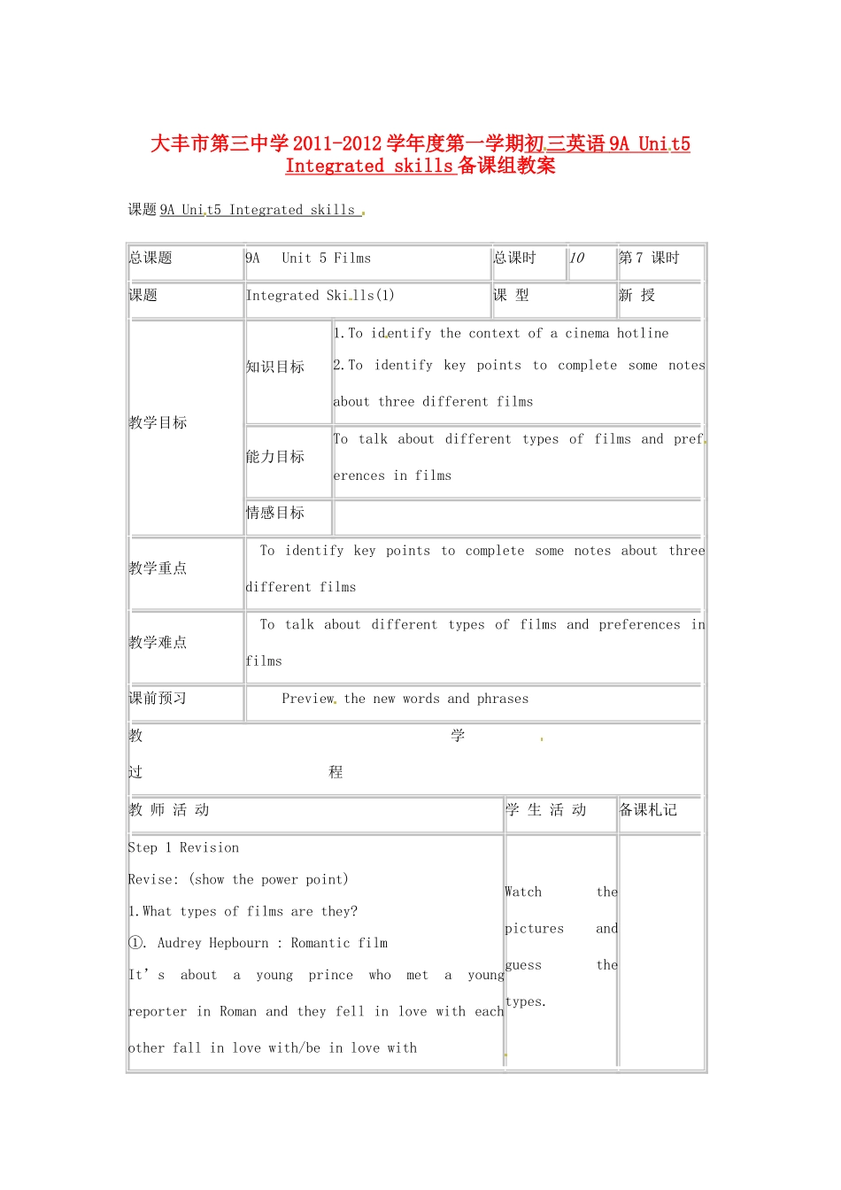 江苏省大丰市第三中学九年级英语 《Unit5 Integrated skills》教案_第1页