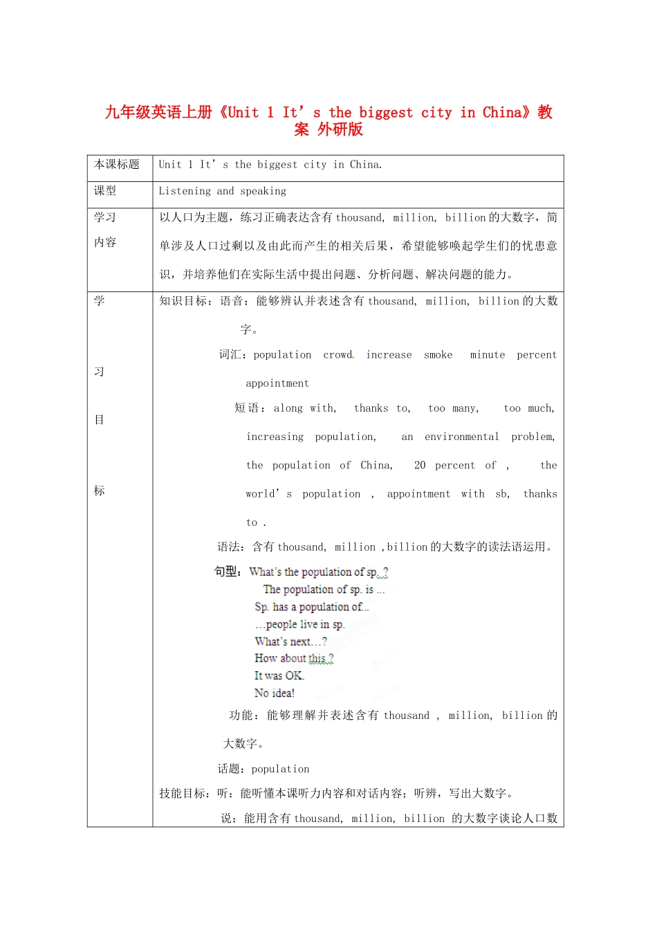 九年级英语上册《Unit 1 It’s the biggest city in China》教案 外研版_第1页
