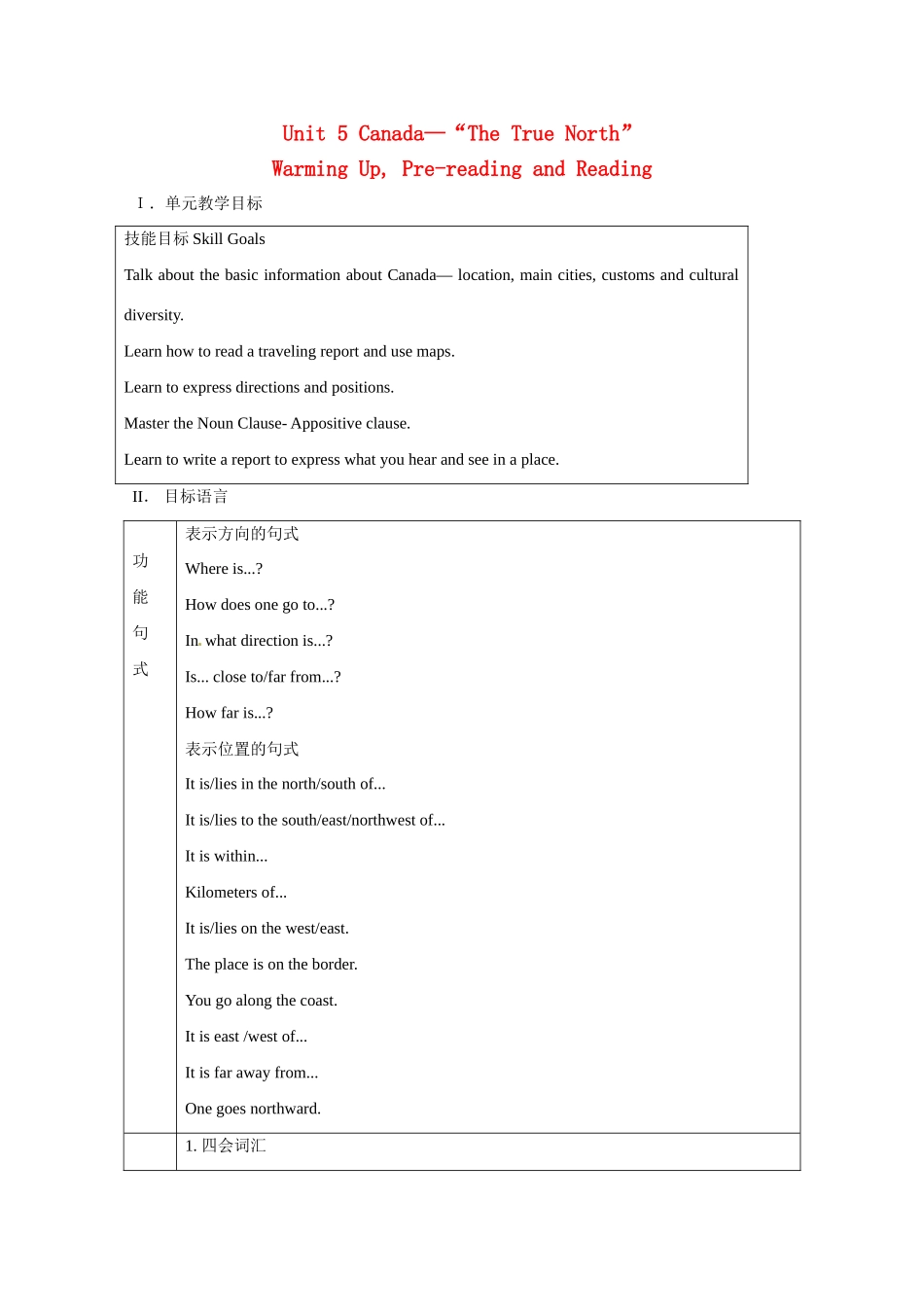 高中英语 Unit5 Warming Up,Pre-reading and Reading教案 新人教版必修3_第1页