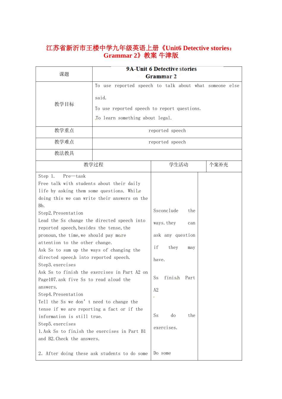 江苏省新沂市王楼中学九年级英语上册《Unit6 Detective stories：Grammar 2》教案 牛津版_第1页