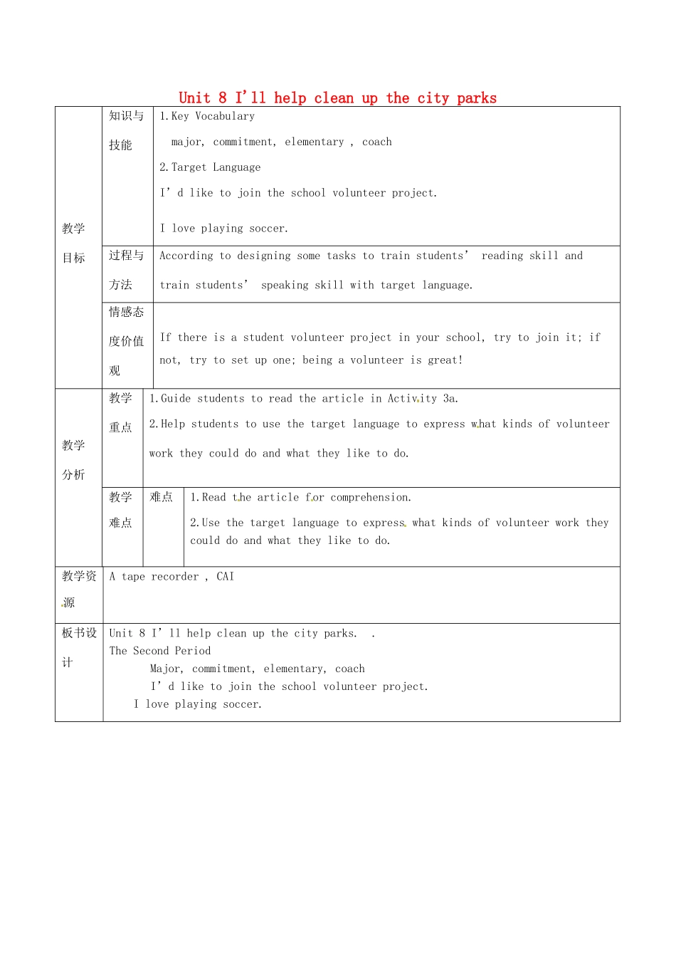 新疆生产建设兵团第五师八十六团第一中学九年级语文全册 Unit 8 I'll help clean up the city parks第二课时教学设计 人教新目标版_第1页