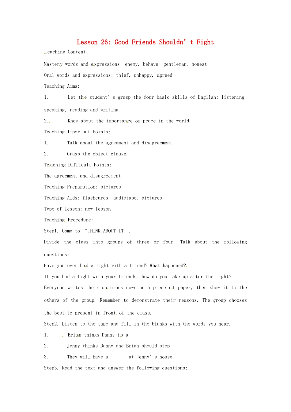 九年级英语下册 Lesson 26 Good Friends Shouldn’t Fight英文教案 冀教版_第1页