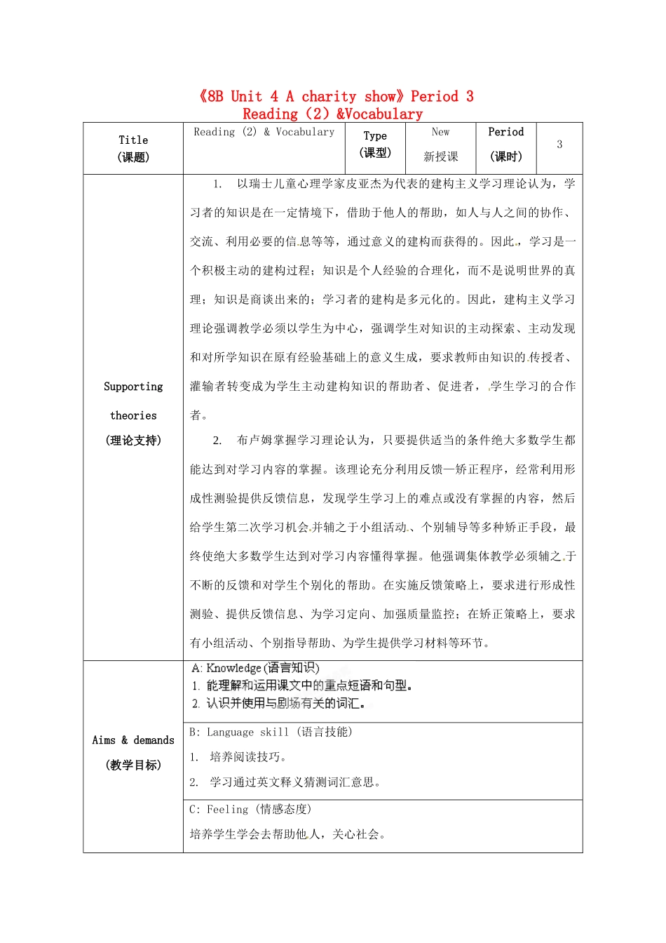 江苏省海安县大公初级中学八年级英语下册《8B Unit 4 A charity show》Period 3 Reading（2）&Vocabulary教案 牛津版_第1页
