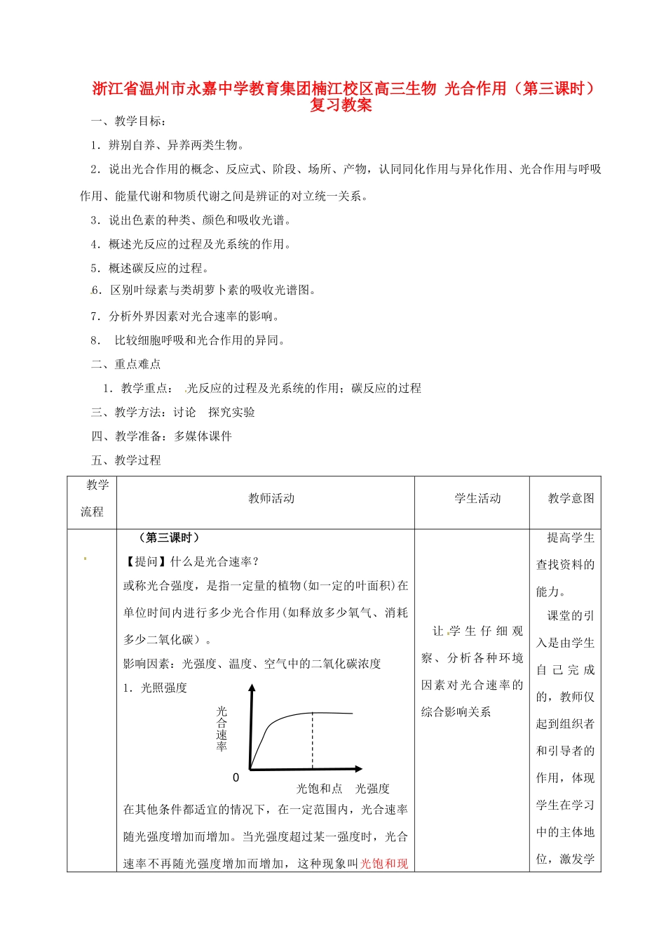 浙江省温州市永嘉中学教育集团楠江校区高三生物 光合作用（第三课时）复习教案_第1页