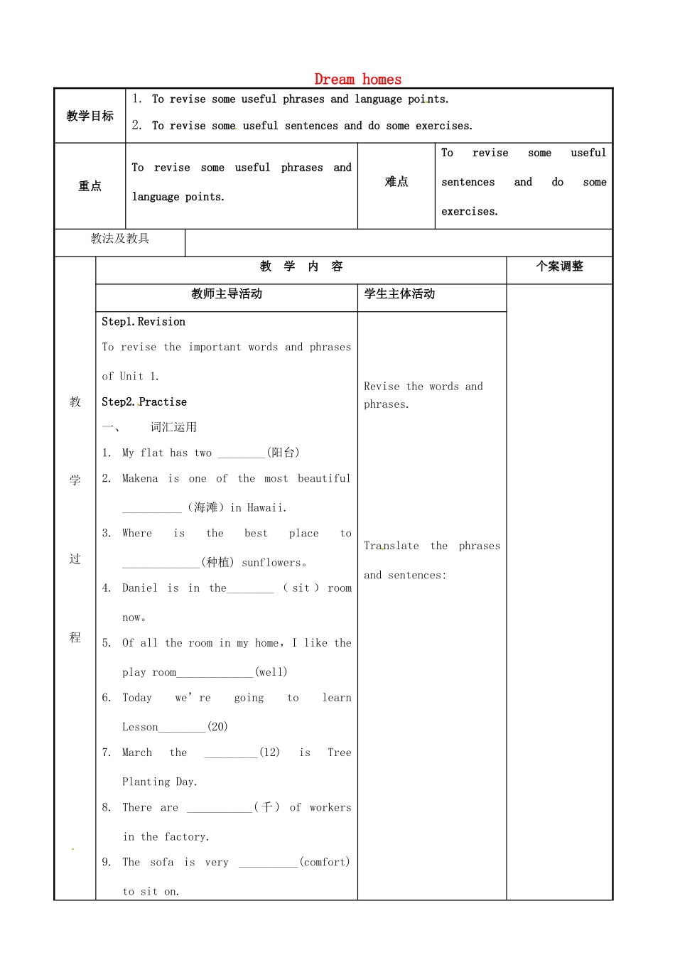 七年级英语下册 Unit 1 Dream homes复习教案2 （新版）牛津版-（新版）牛津版初中七年级下册英语教案_第1页