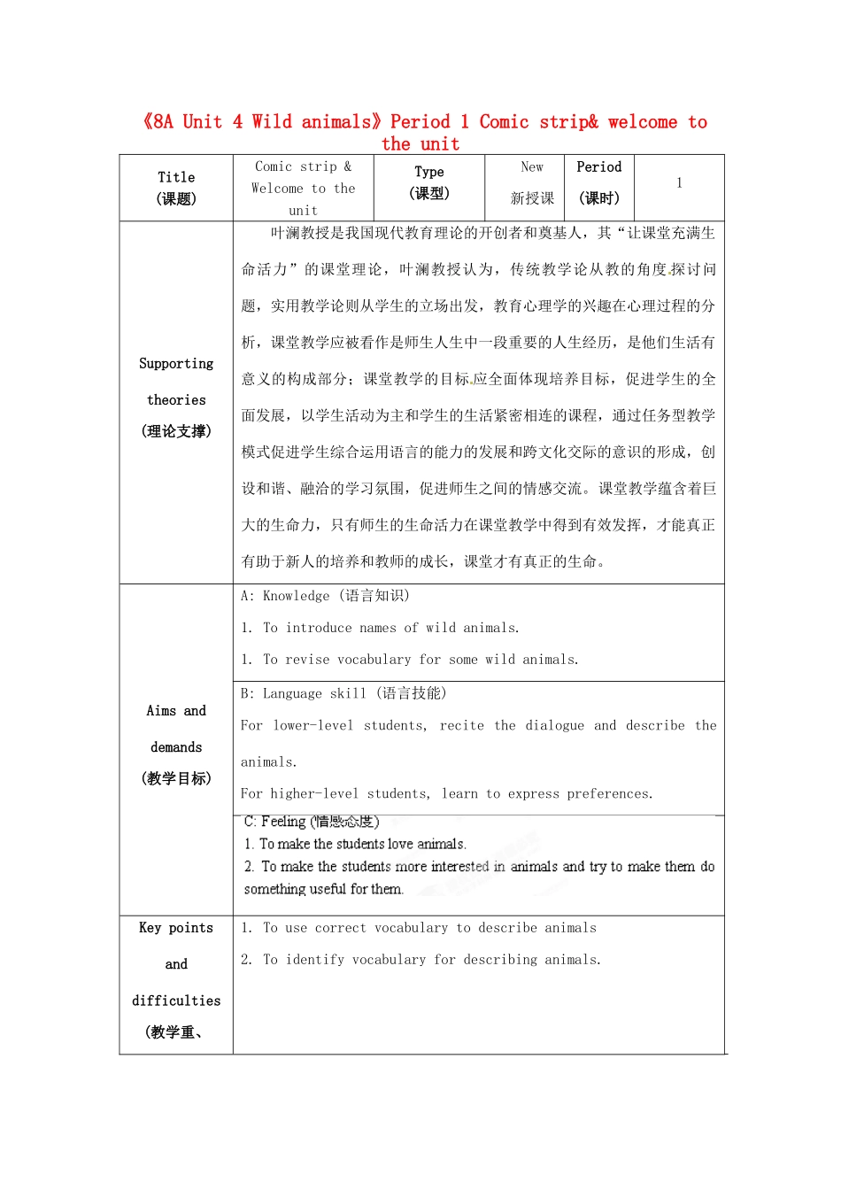 江苏省海安县大公初级中学八年级英语上册《8A Unit 4 Wild animals》Period 1 Comic strip& welcome to the unit教案 牛津版_第1页