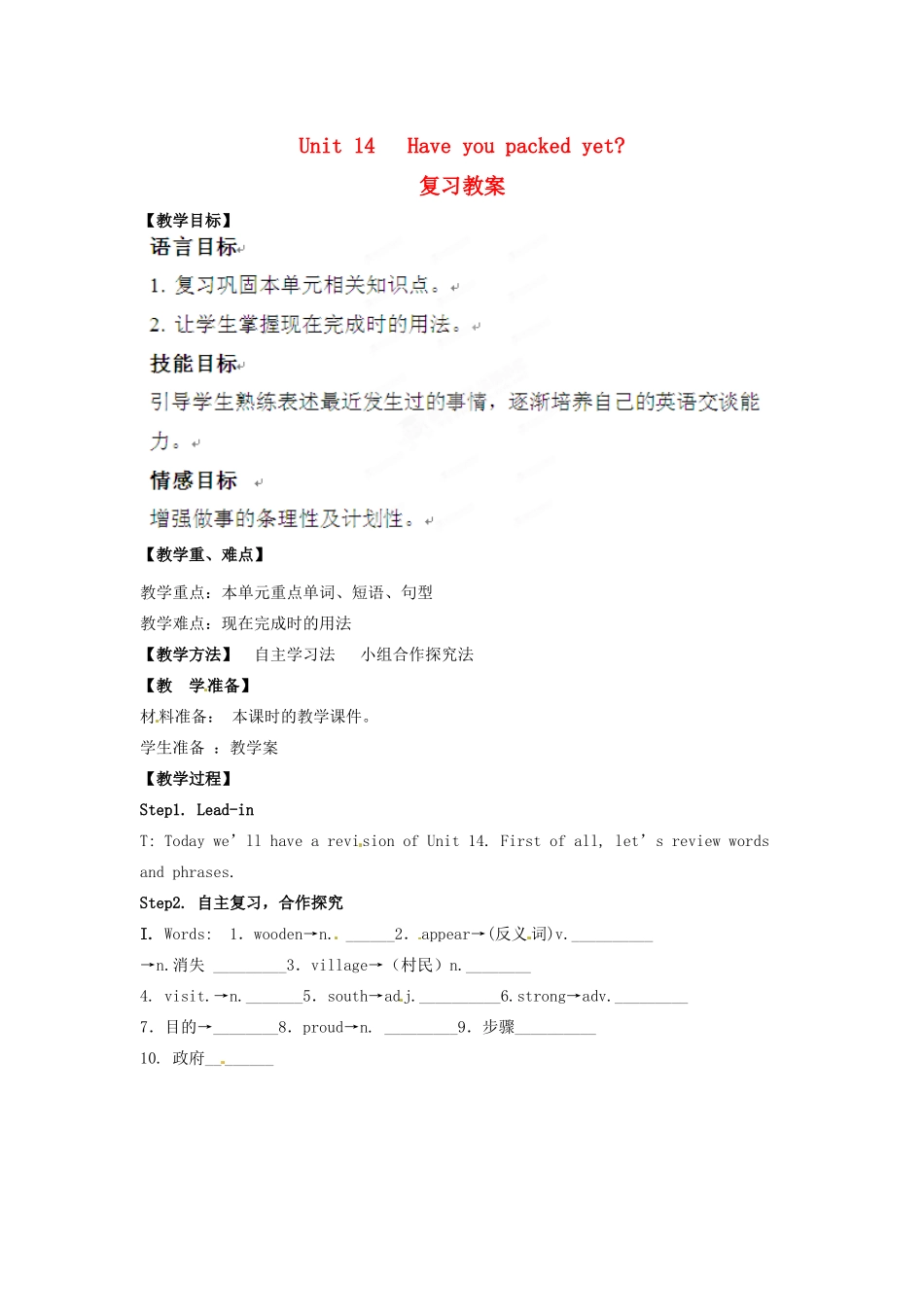 山东省肥城市湖屯镇九年级英语《Unit14  Have you packed yet》教案5 人教新目标版_第1页