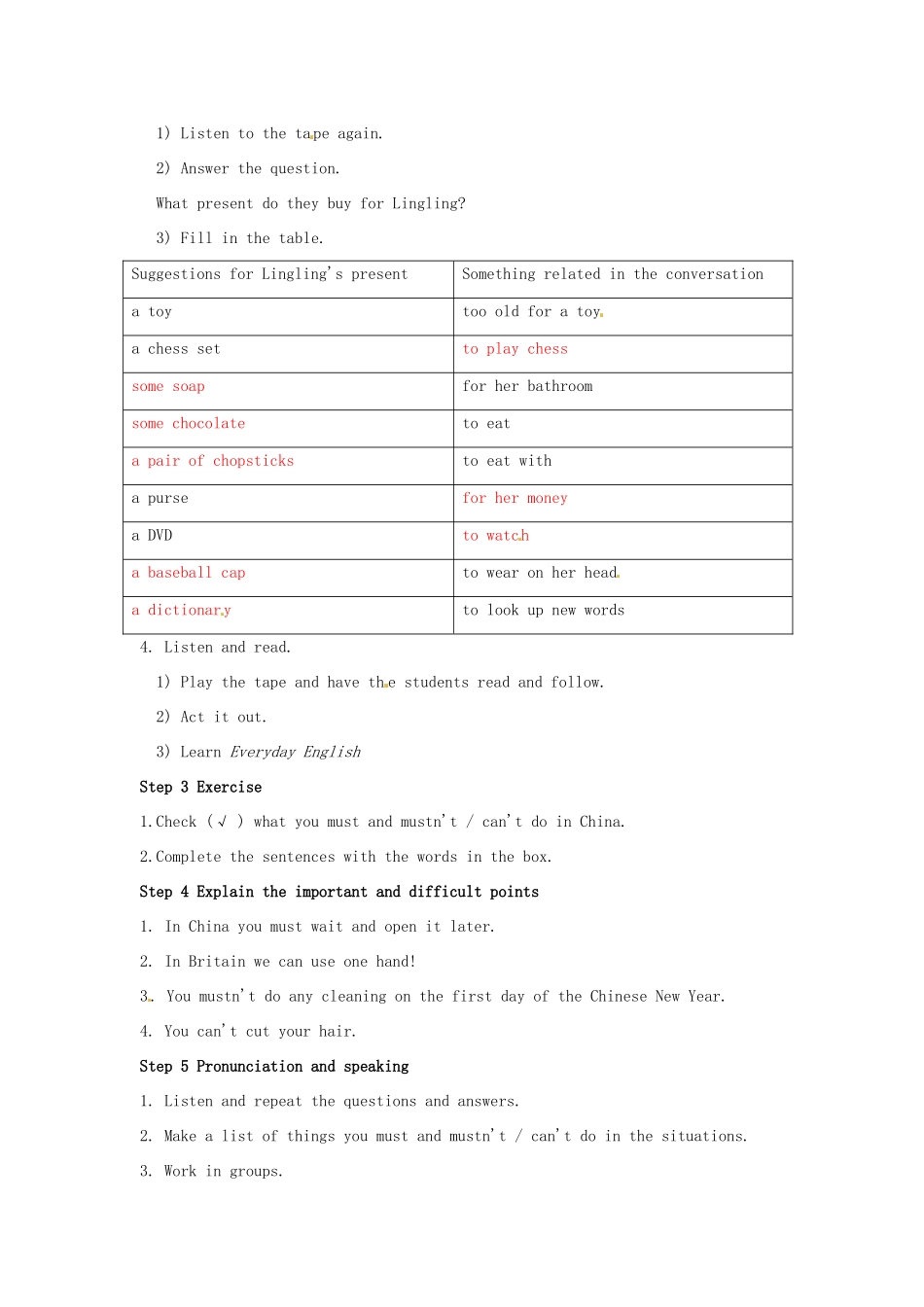 天津市武清区杨村第五中学八年级英语上册《Module 12 Traditional life Unit 1 You must wait and open it later.》教案 外研版_第2页