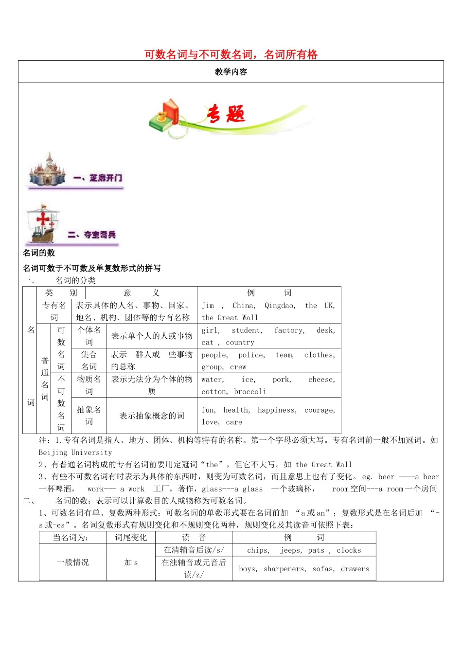 江苏省南通市七年级英语下册 教师辅导讲义 可数名词与不可数名词，名词所有格 牛津版-牛津版初中七年级下册英语教案_第1页
