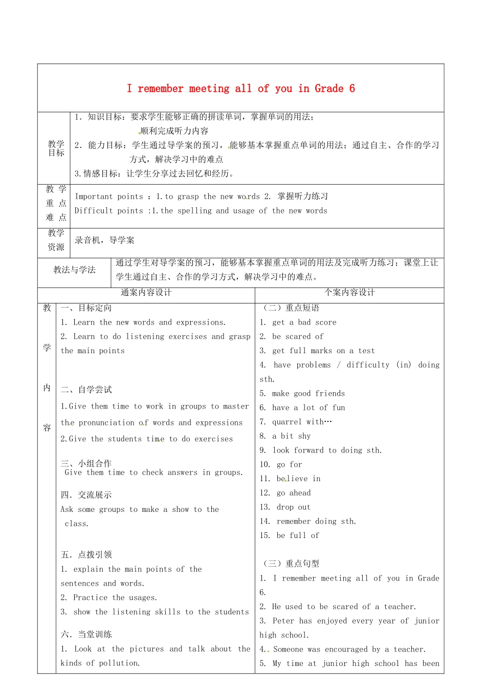 九年级英语全册 Unit 10 I remember meeting all of you in Grade 6教案1 （新版）鲁教版五四制-鲁教版五四制初中九年级全册英语教案_第1页