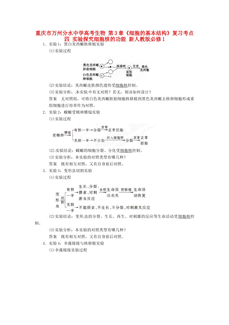 重庆市万州分水中学高考生物 第3章《细胞的基本结构》复习考点四 实验探究细胞核的功能 新人教版必修1_第1页