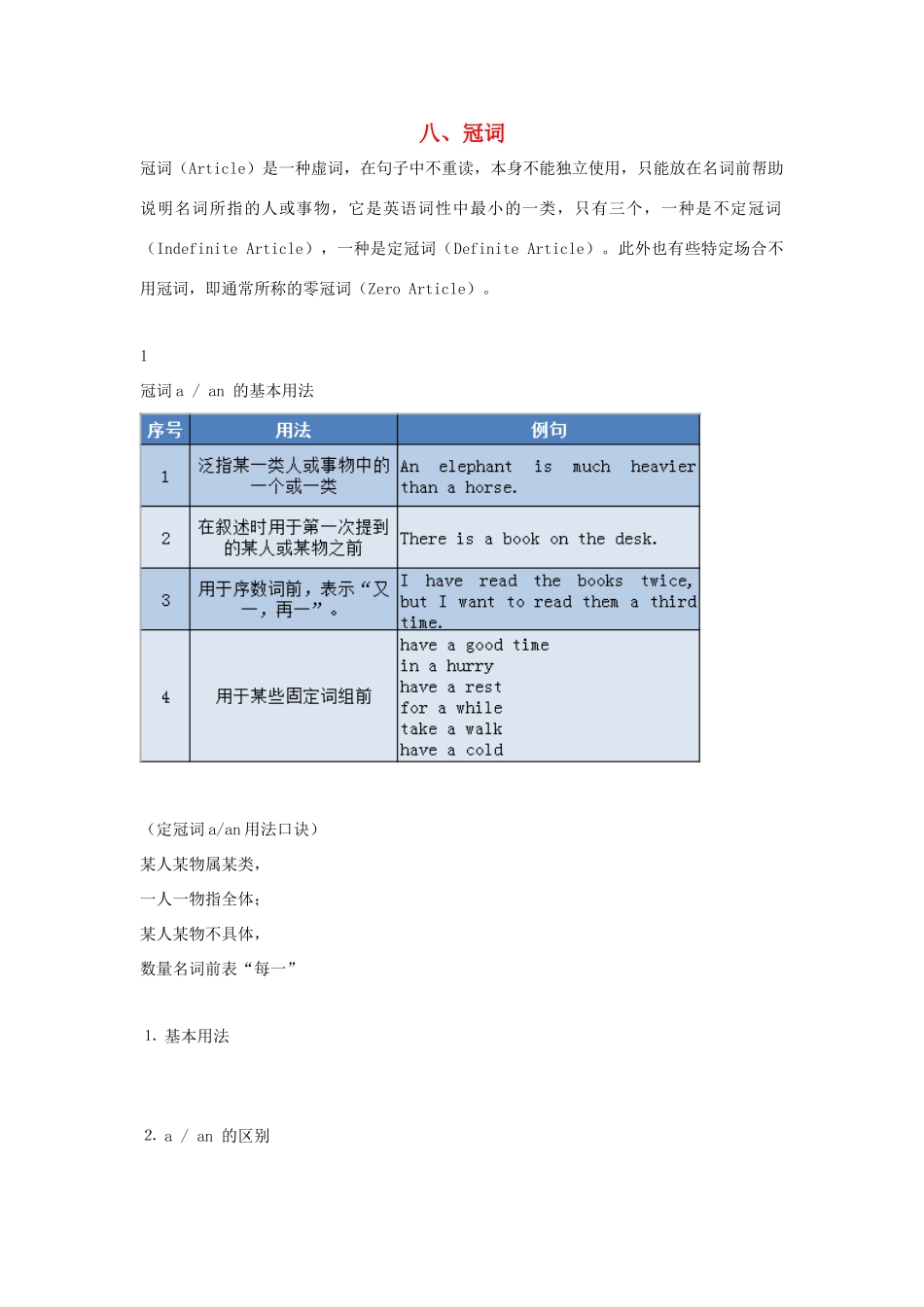 高中英语 语法专题8 冠词教案（含解析）新人教版必修1-新人教版高一必修1英语教案_第1页