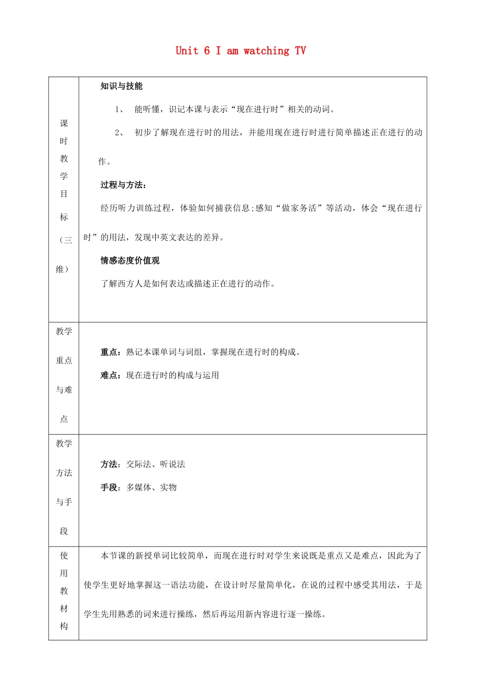 山西省太原市娄烦县第二中学七年级英语下册 Unit 6 I am watching TV教学设计 （新版）人教新目标版_第1页