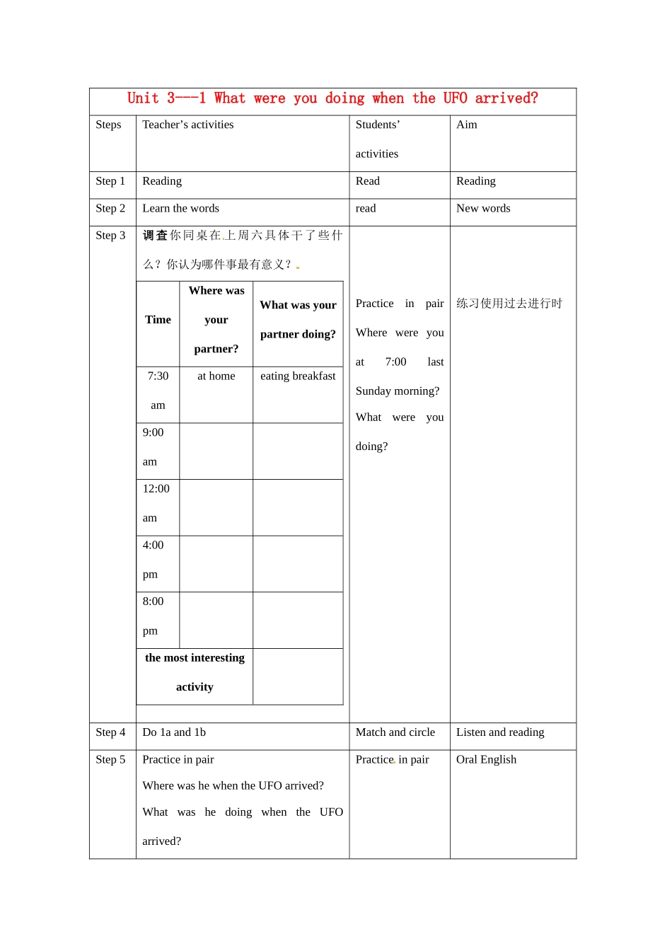 八年级英语上册 Unit 3 What were you doing when the UFO arrived教案 鲁教版_第1页