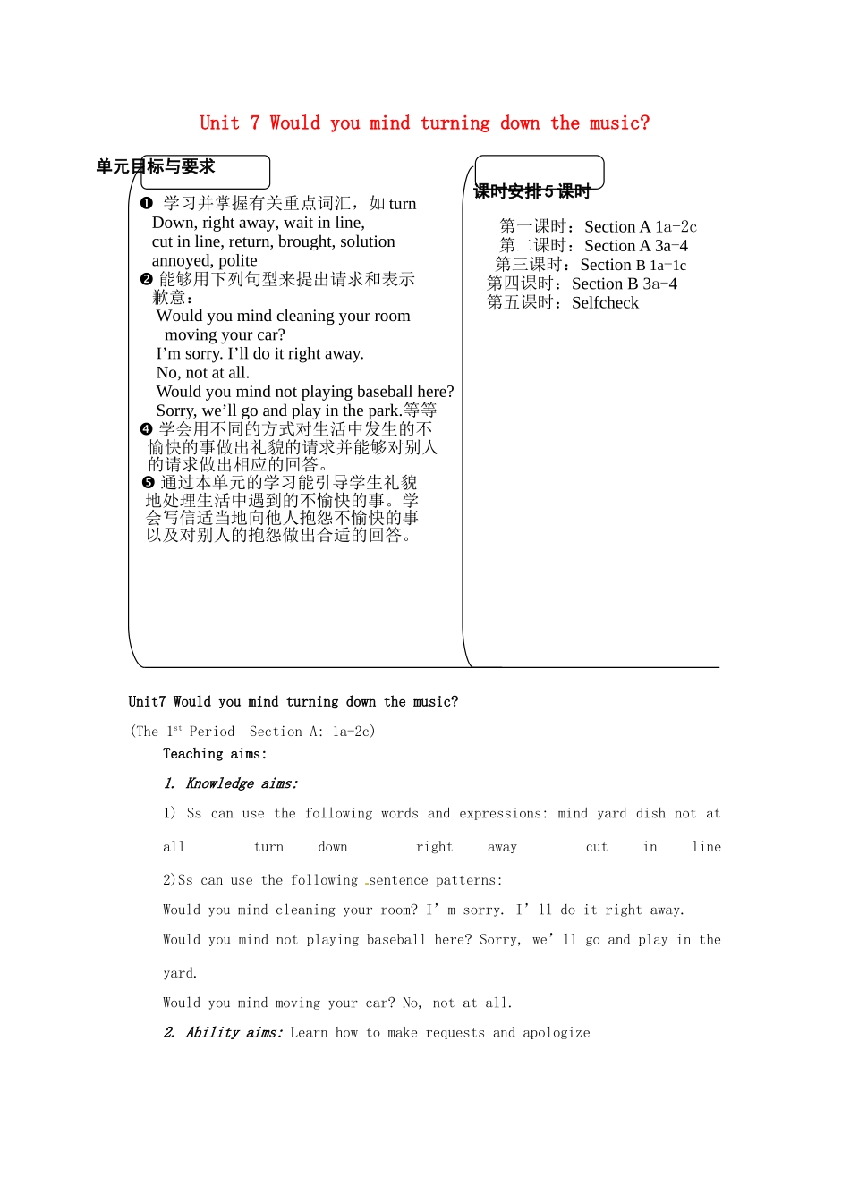 八年级英语下册 Unit 7 Would you mind turning down the music教学设计 人教新目标版_第1页